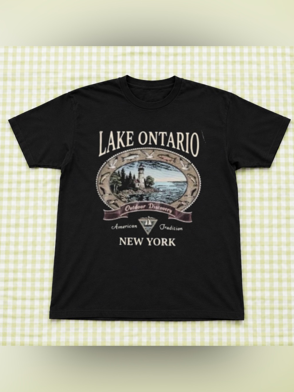 Lake Ontario New York Black Graphic T-Shirt - Vintage Classic Outdoor Style